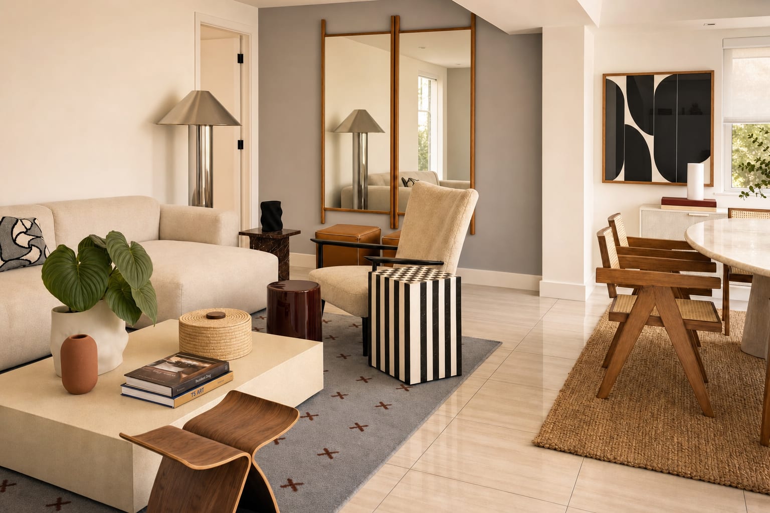 An editorial living room where every piece — sofa, rug, coffee table, chair, and lighting — is considered together