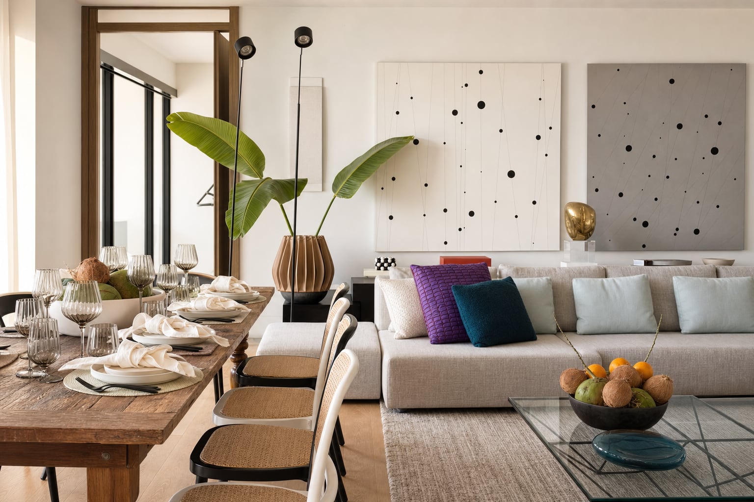 The dining table set for guests, the living room and its art visible just beyond