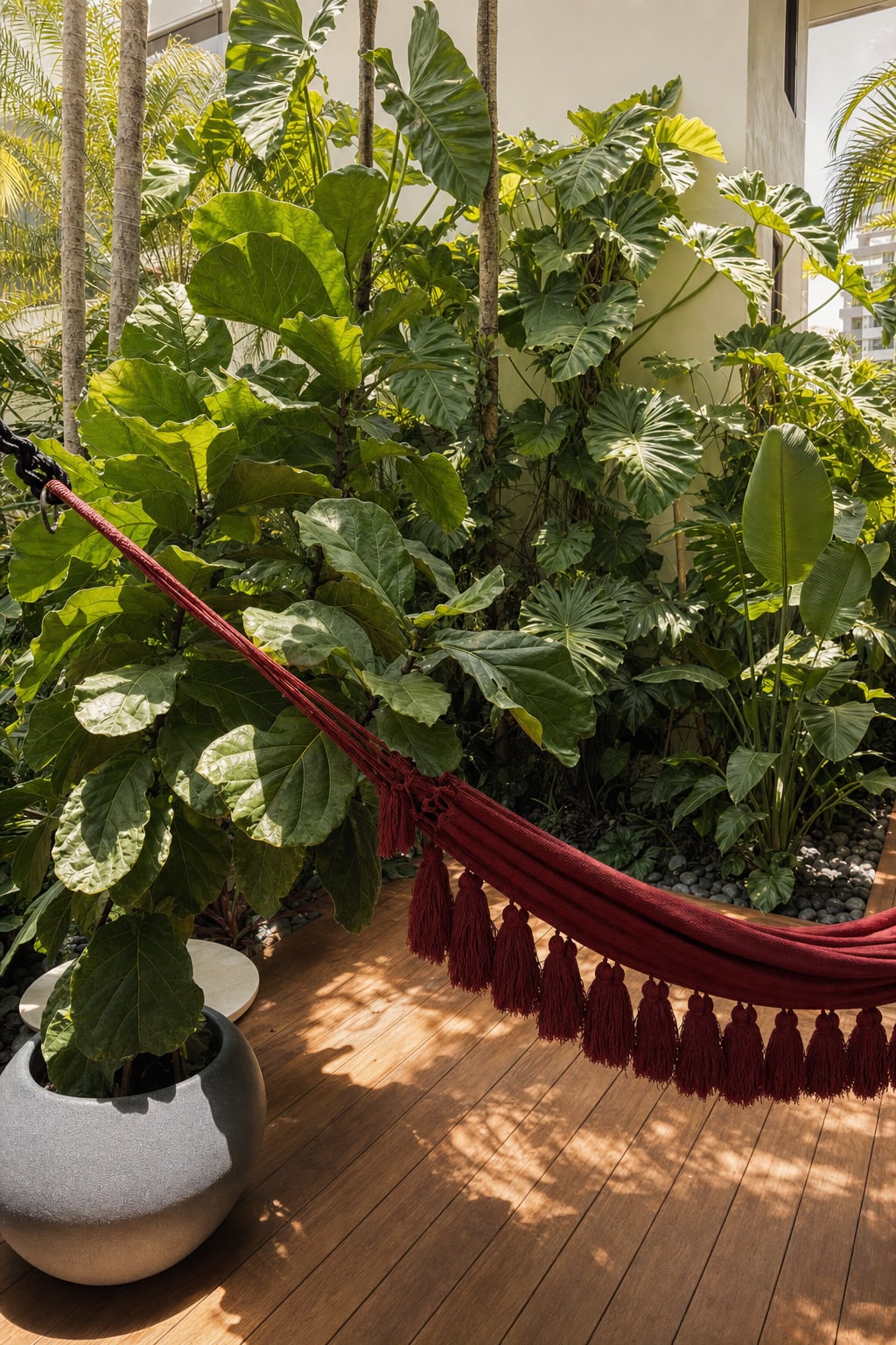 A fringed red hammock strung across a balcony corner, surrounded by lush tropical foliage