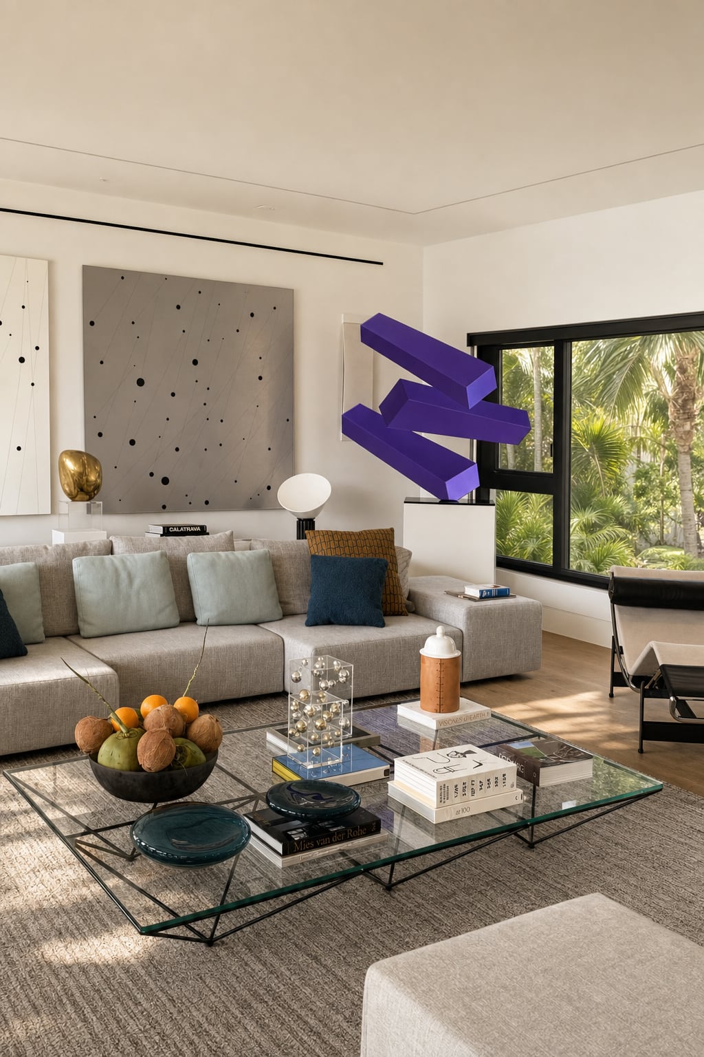 The living room corner — a purple sculptural form, dotted art panels, a glass coffee table styled with books and fruit