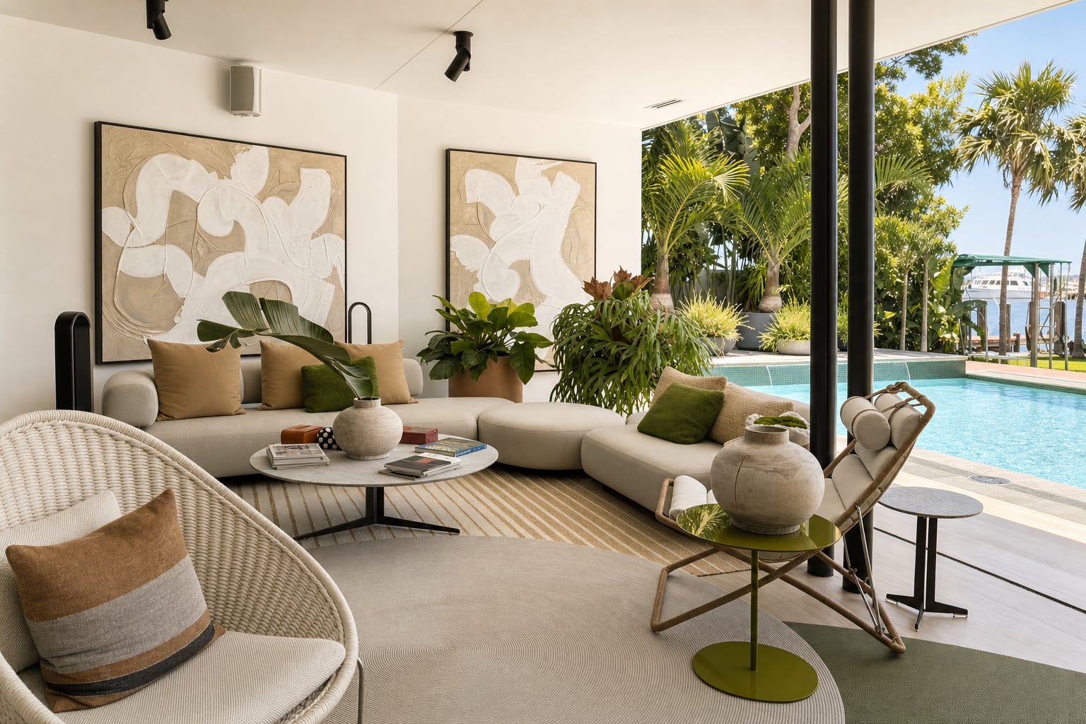 The living room open to the pool and marina beyond — a low sectional, sculptural art, and warm neutral pillows