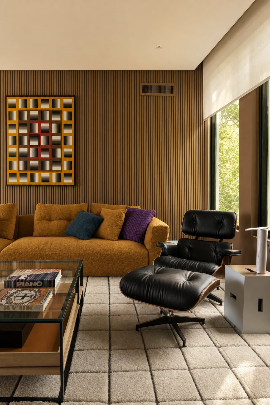 A mustard sectional sofa beneath a woven geometric wall piece, a black leather lounge chair nearby