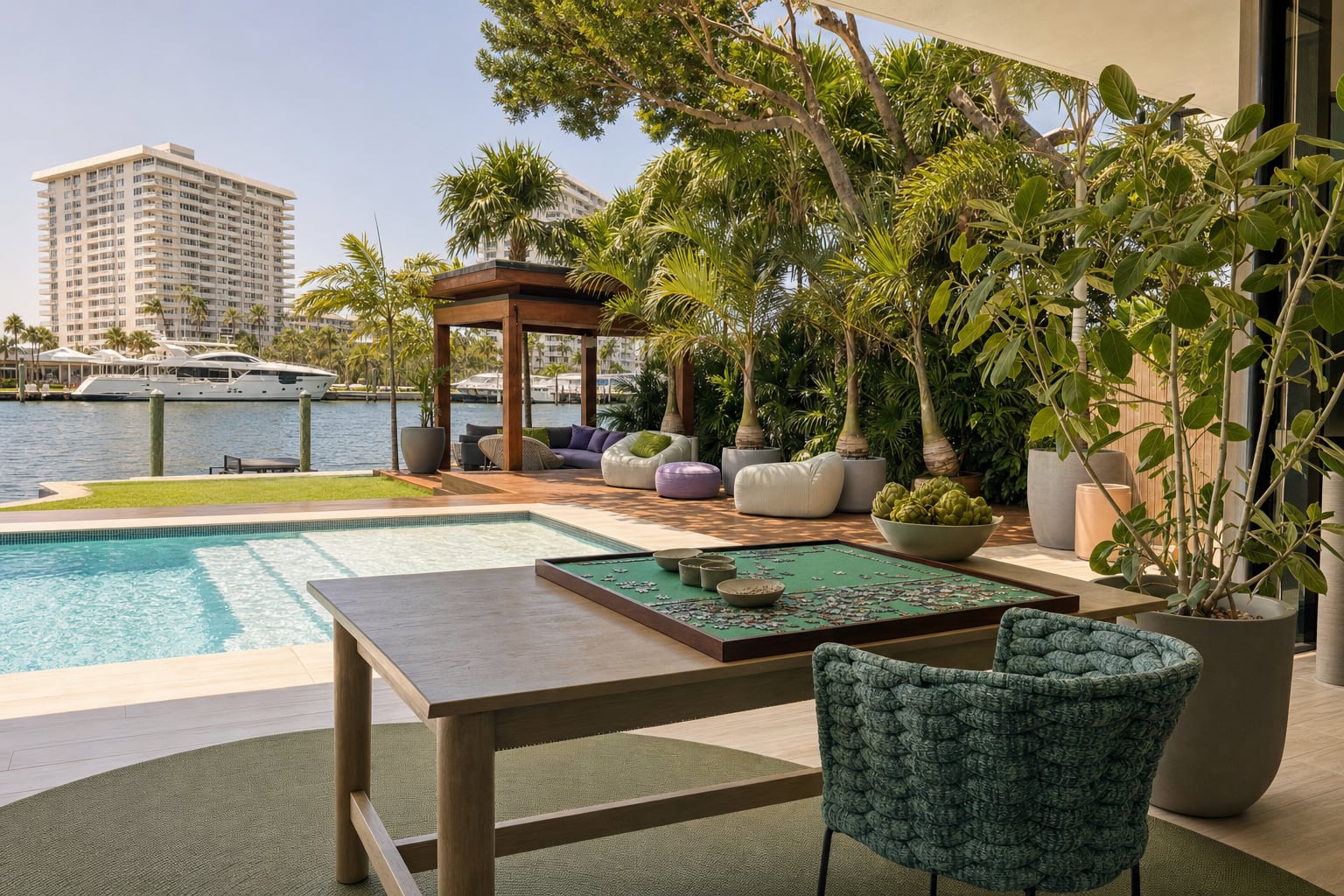 The pool and marina beyond it, boats docked across the water, palms framing the view