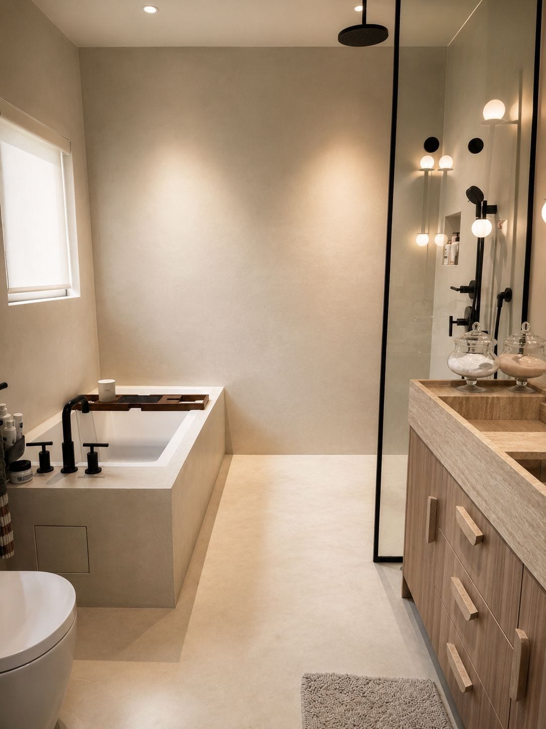The primary bath at night — low light, warm oak, a deep quiet tub