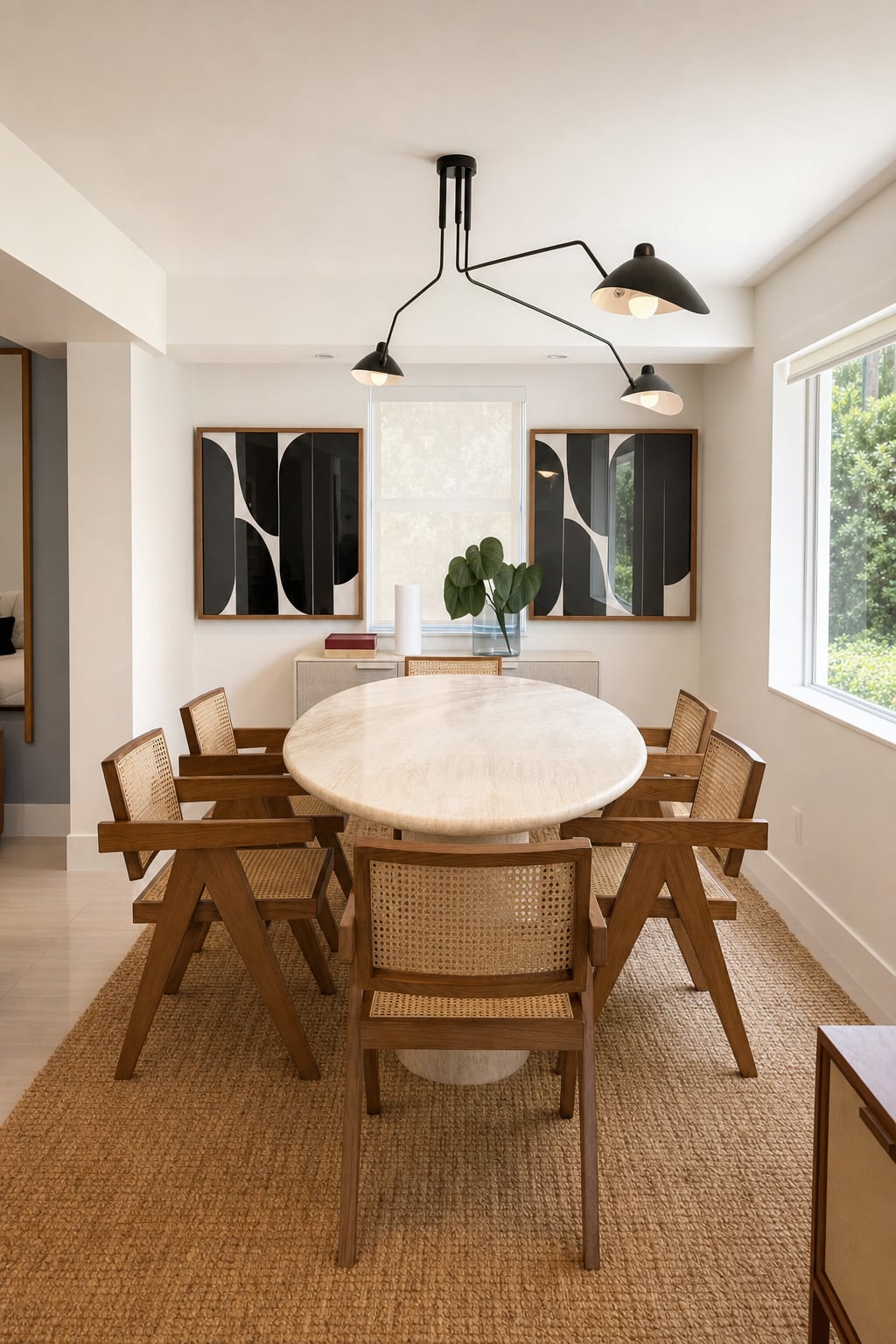 The dining room — a round travertine table, cane-backed chairs, a fanned sconce overhead