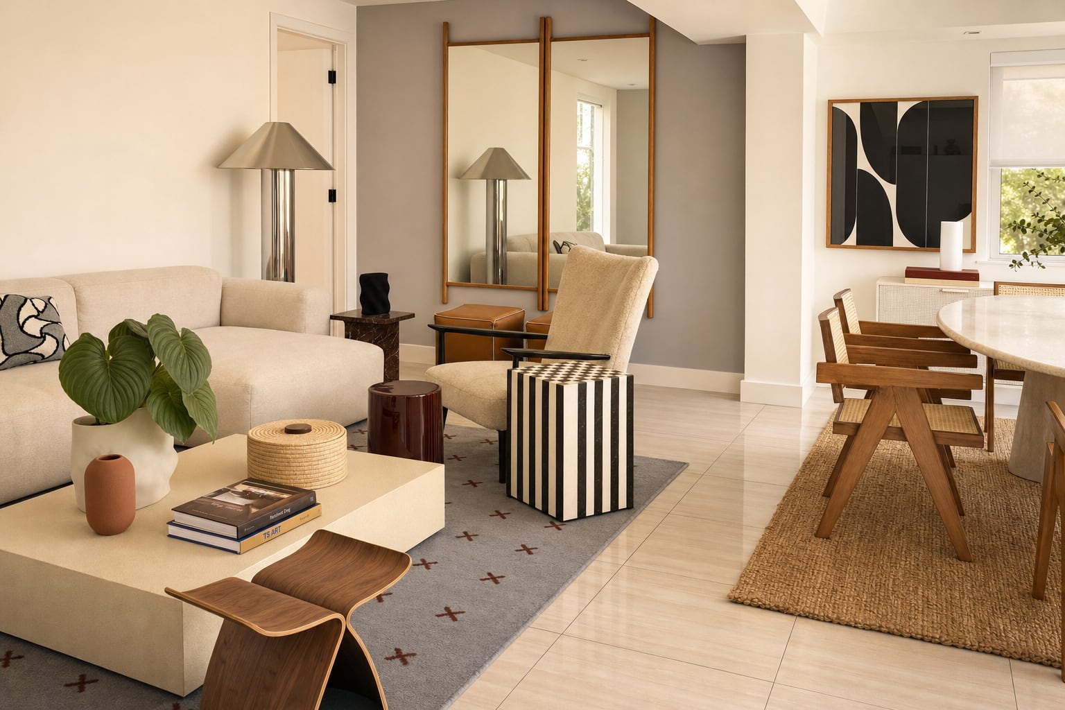 The living room — a bouclé sectional, sculptural side tables, and the dining room just beyond