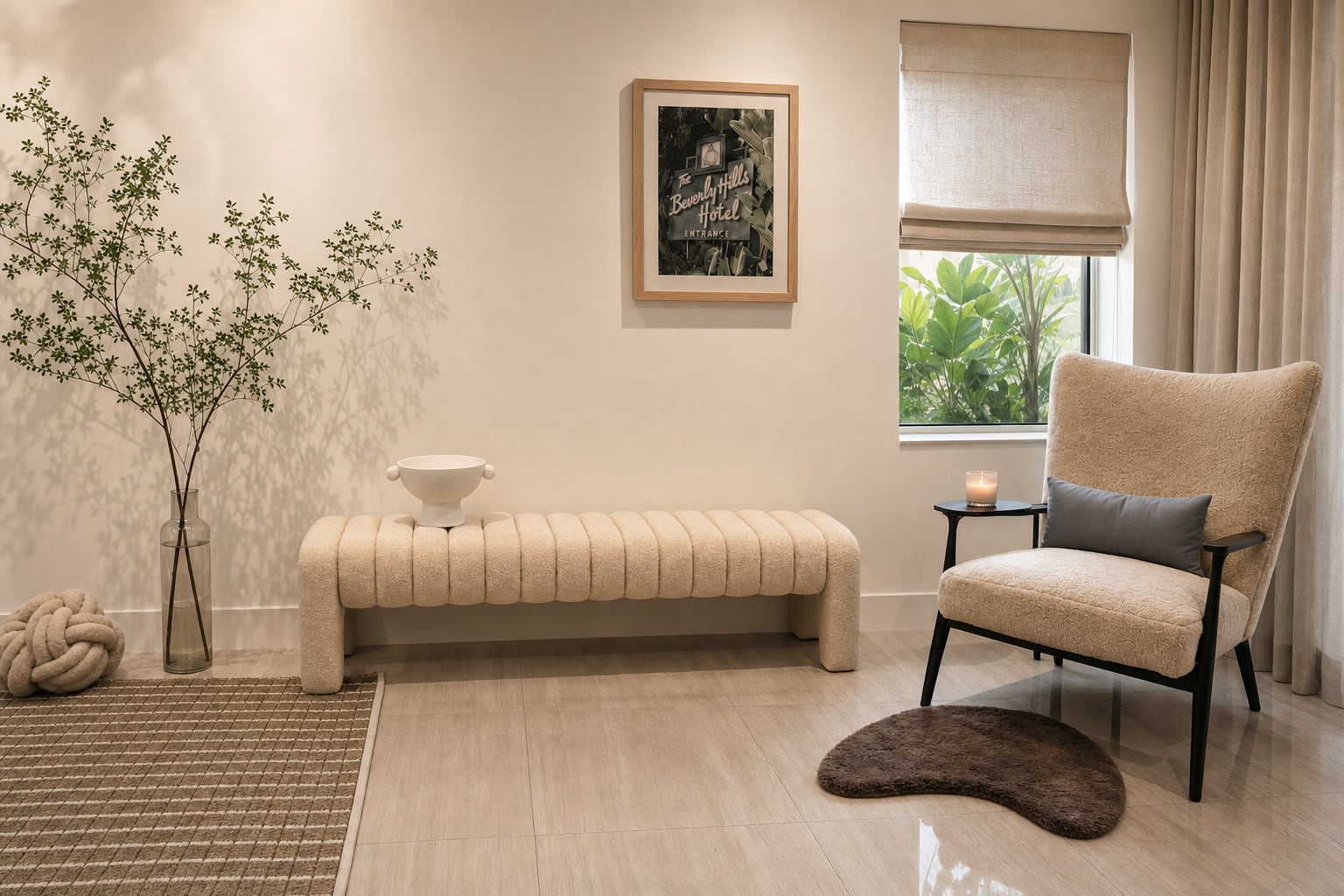 A reading corner — a channel-tufted bench, a curved wingback chair, branches in glass