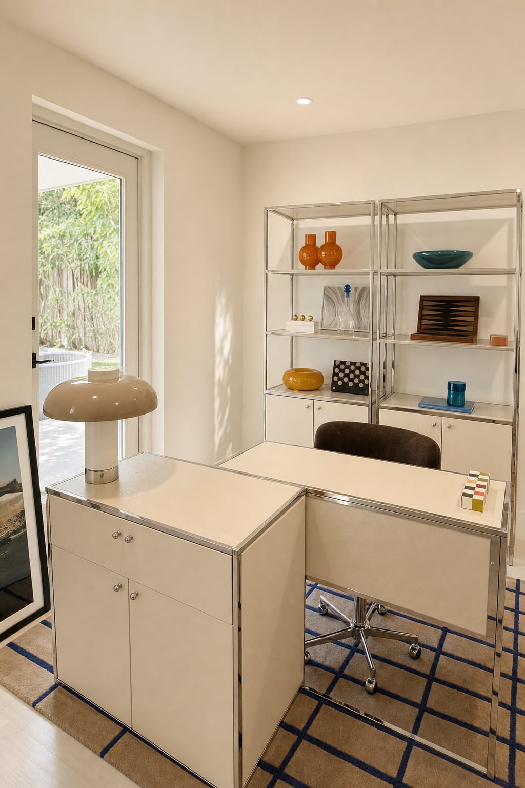 The home office — a chrome-and-glass étagère styled with vases, books, and objects