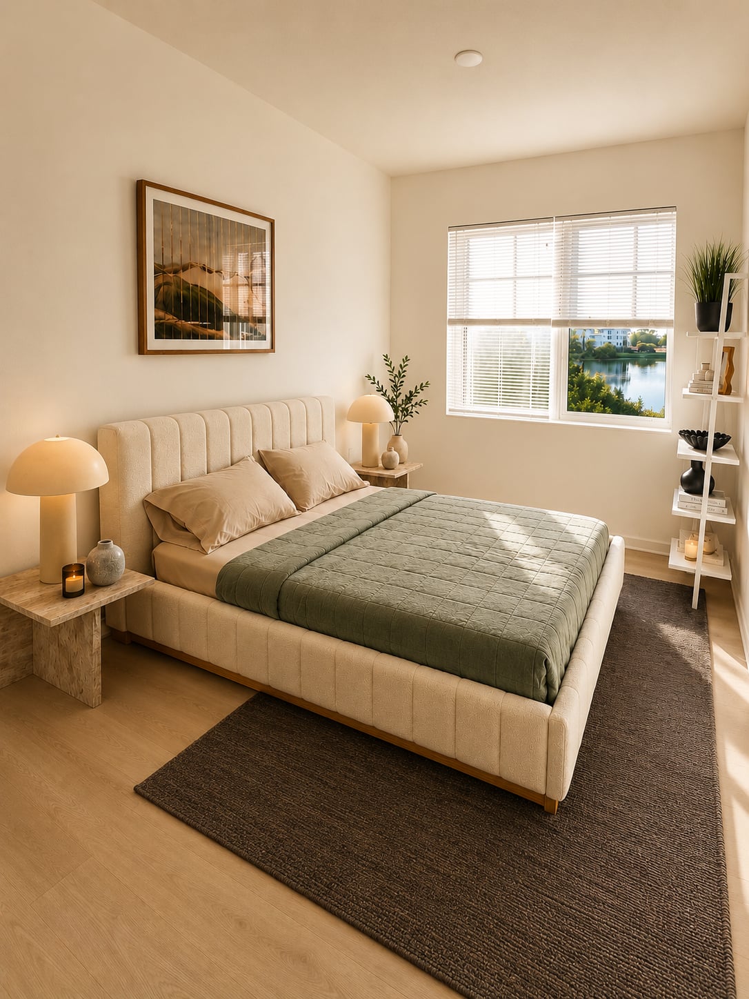 The second bedroom — a channel-tufted bed with a sage quilt, twin lamps, and a window onto the community’s lake