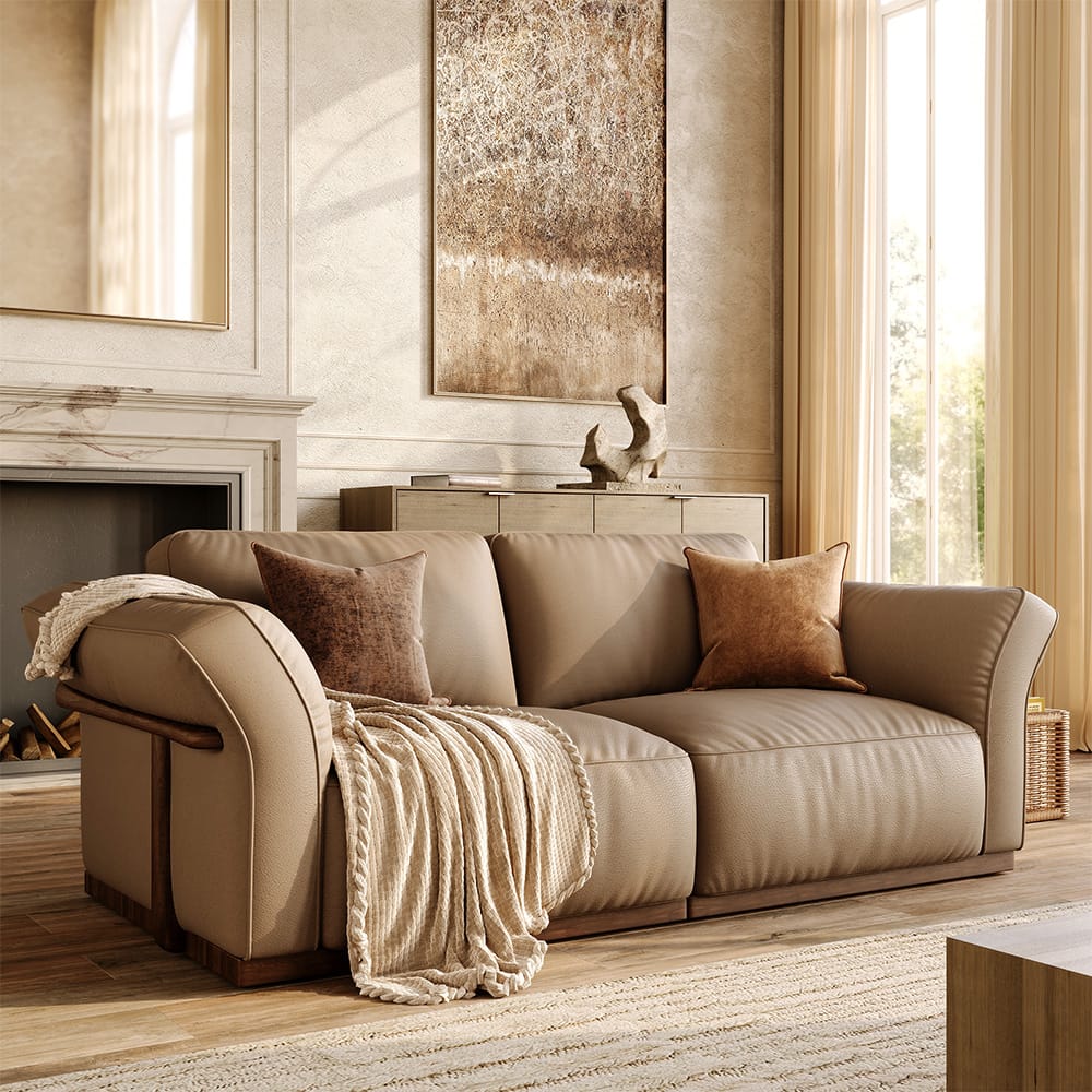 Khaki Genuine Leather Modular Sofa With Solid Wood Frame