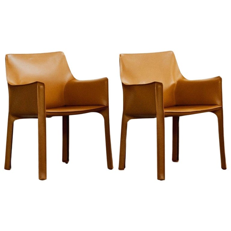 Mario Bellini "cab 413” Chairs For Cassina, Mustard Leather, 1977, Set Of 2