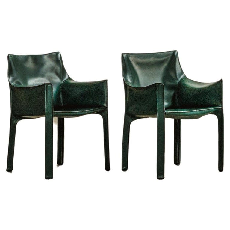 Mario Bellini "cab 413” Chairs For Cassina, Dark Green Leather, 1977, Set Of 2