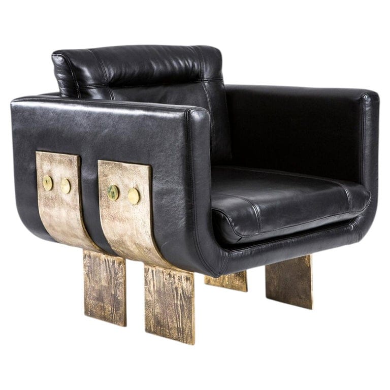 Brutalist Black Leather Lounge Chair With Cast Brass Legs, Egg Designs