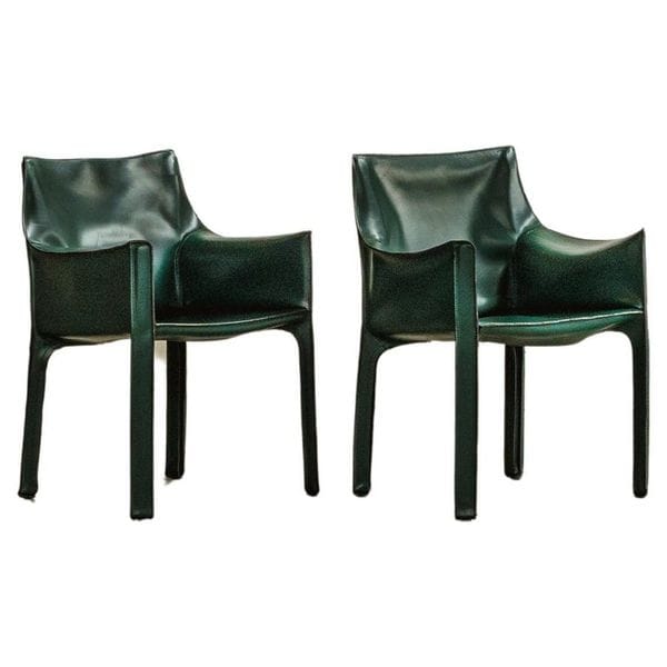 Mario Bellini "cab 413” Chairs For Cassina, Dark Green Leather, 1977, Set Of 2