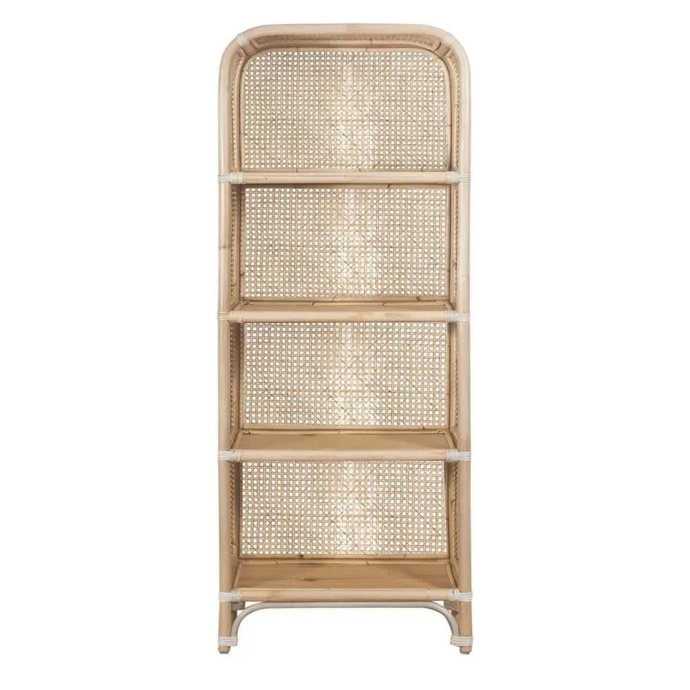 Rattan & Solid Wood Bookcase - Four-Shelf, Natural Finish For Stylish Home Storage