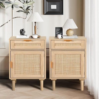 TYBOATLE - Set of 2 Rattan Nightstands with Drawer