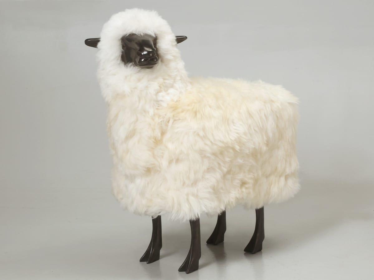 Lifesize Bronze Sheep, Head Canted Left, Real Fur
