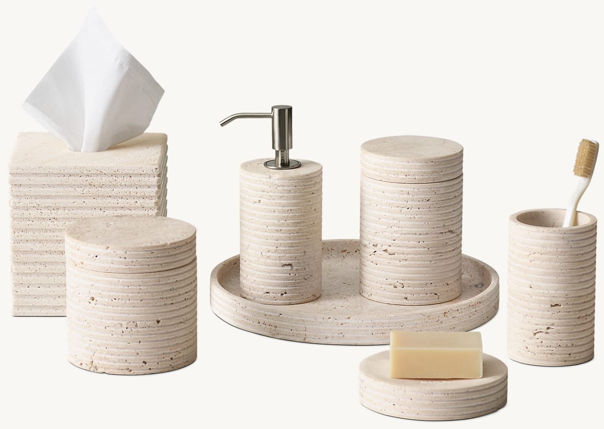 RIBBED ITALIAN TRAVERTINE BATH ACCESSORIES - BIANCO WITH POLISHED NICKEL ACCENTS