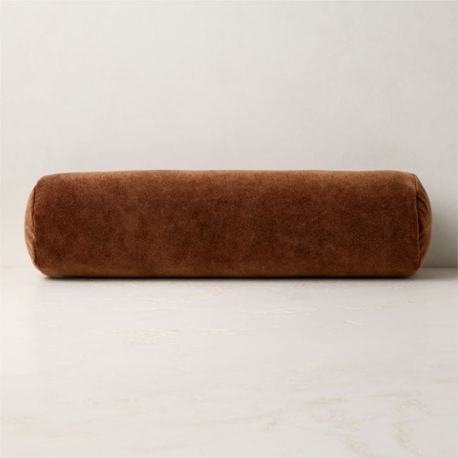 CB2 | Encino Organic Cotton Stonewashed Velvet Bolster Throw Pillow 24"x6" - Brown