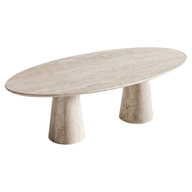 1STDIBS - Travertine Dining Table With Conic Legs, Solid Travertine Stone Ellips Table
