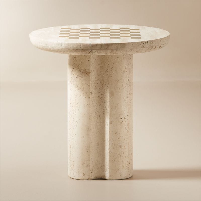 Kikko White Travertine And Brass Inlay Game Side Table