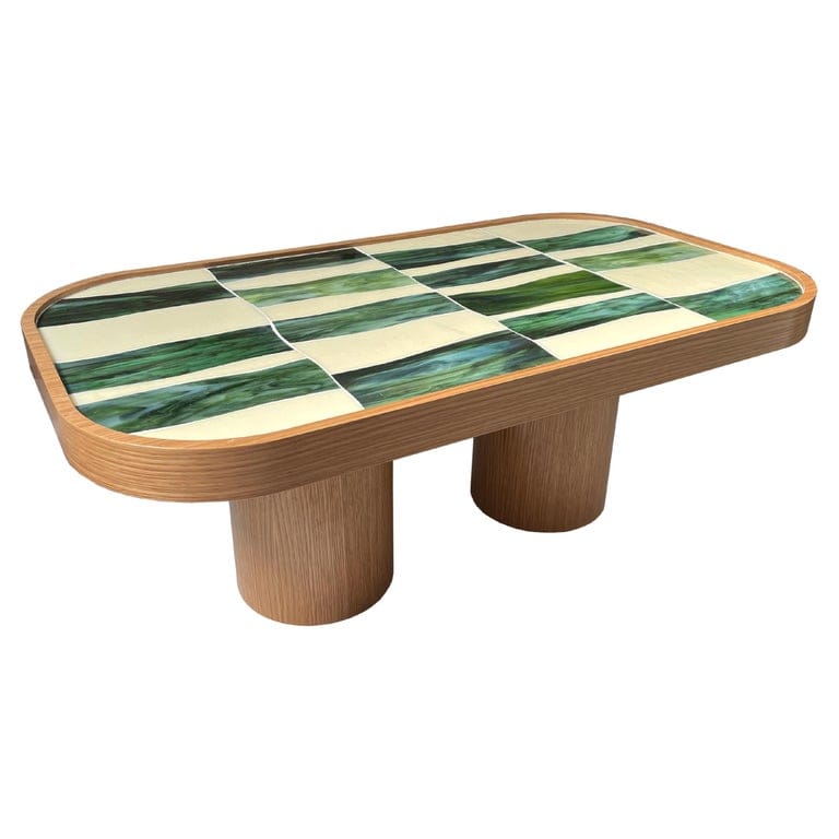 ERCOLE HOME - Modern Oval Coffee Table in Oak Wood Cylinder Base and Glass