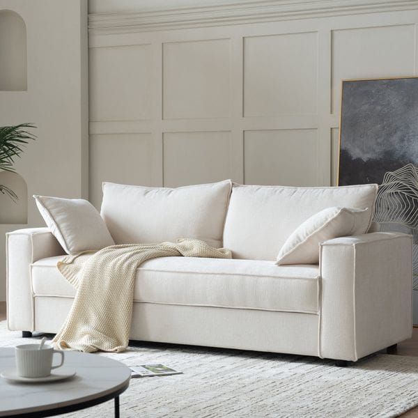 Traditional Upholstered Standard Sofa with Square Armrests and 2 Throw Pillows