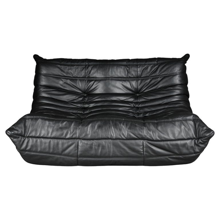 Two Seat Togo Sofa, Black Leather By Michel Ducaroy, Ligne Roset, France