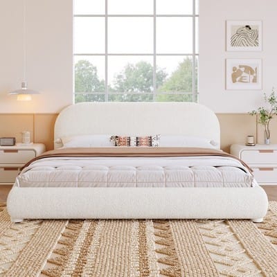Queen Size Platform Bed, Boucle Fabric Upholstered Bed Frame With Curved Headboard, Cream - Modernluxe