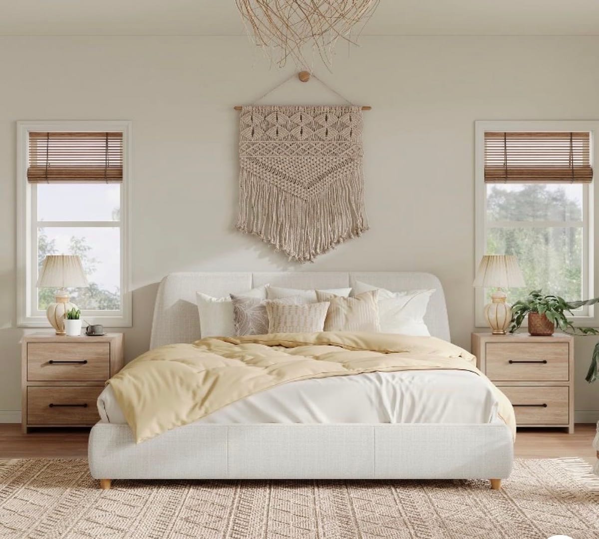 MODERNLUXE - Queen Size Upholstered Platform Bed Frame with Padded Headboard & Solid Wood Leg