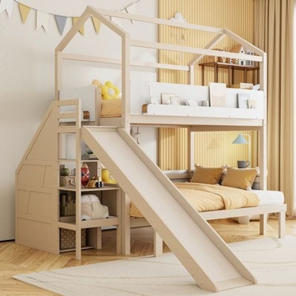 Gdfstudio Wilson House-Shaped Wooden Bunk Bed With Slide And Storage Stairs, Twin Over Twin/full Size