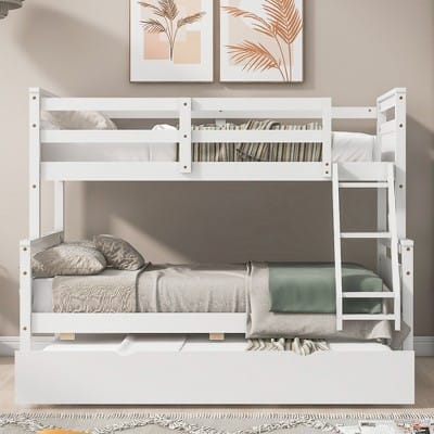 Gdfstudio Davis Bunk Bed With Ladder, Twin Size Trundle, Safety Guardrail, White, Twin Over Full Size