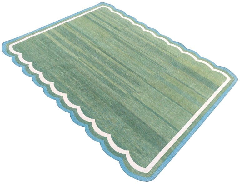 Handmade Cotton Area Flat Weave Rug, 8x10 Green, Blue Scalloped Indian Dhurrie
