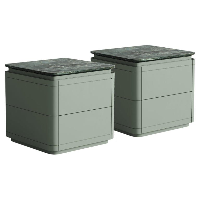 Set Of 2 Nightstands In Mint Lacquer With Green Marble Top