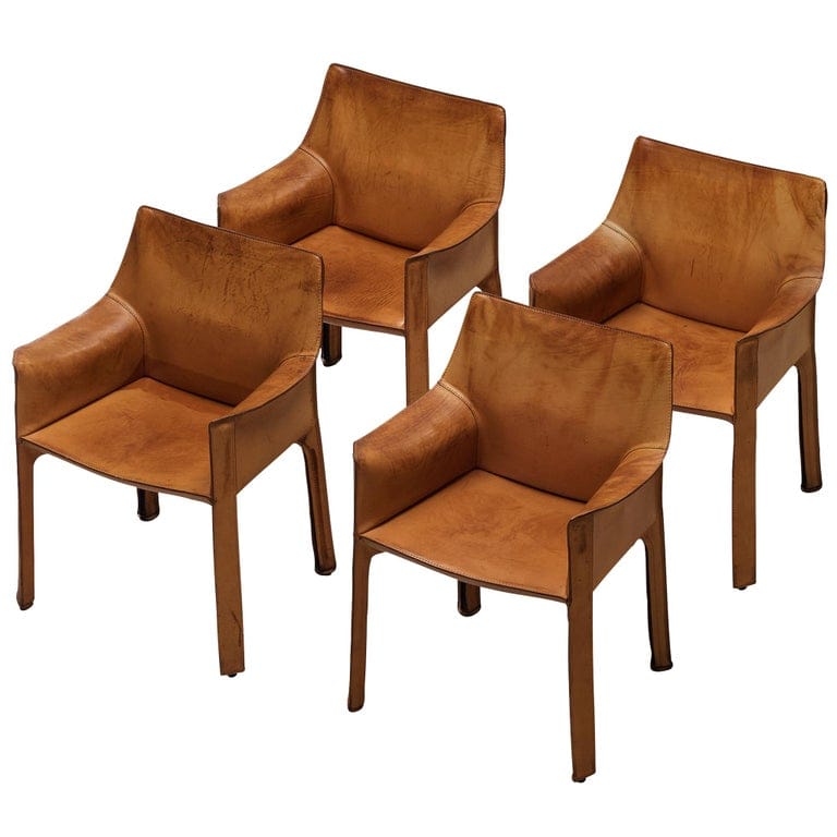 Mario Bellini Set Of Four 'cab 413' Dining Chairs In Patinated Cognac Leather