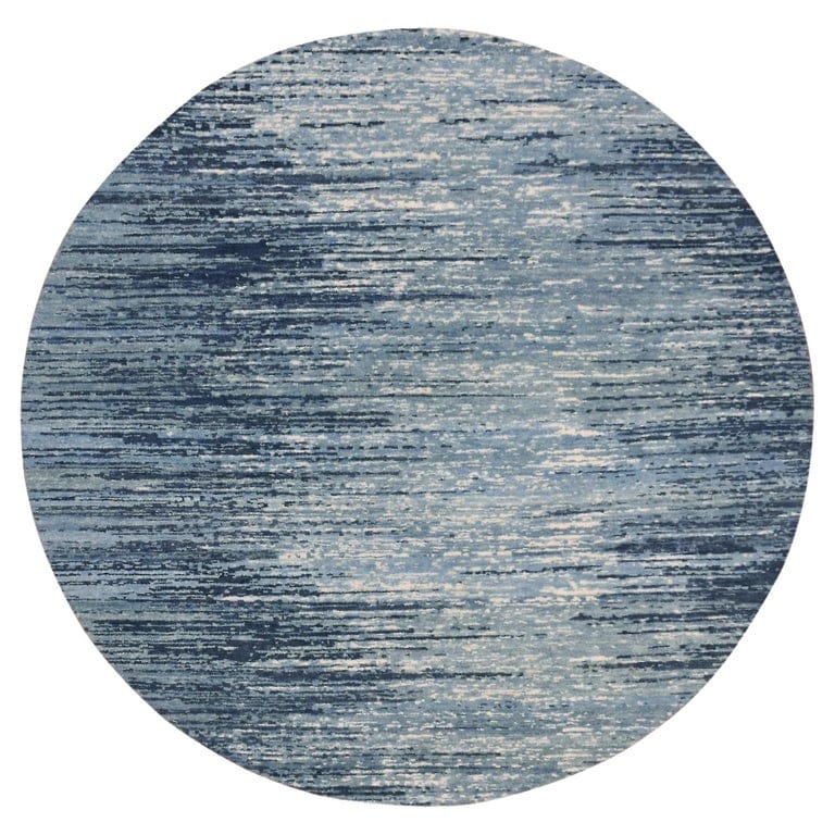 8'x8' Blue With Ivory Hand Knotted Horizontal Ombre Design Pure Wool Round Rug