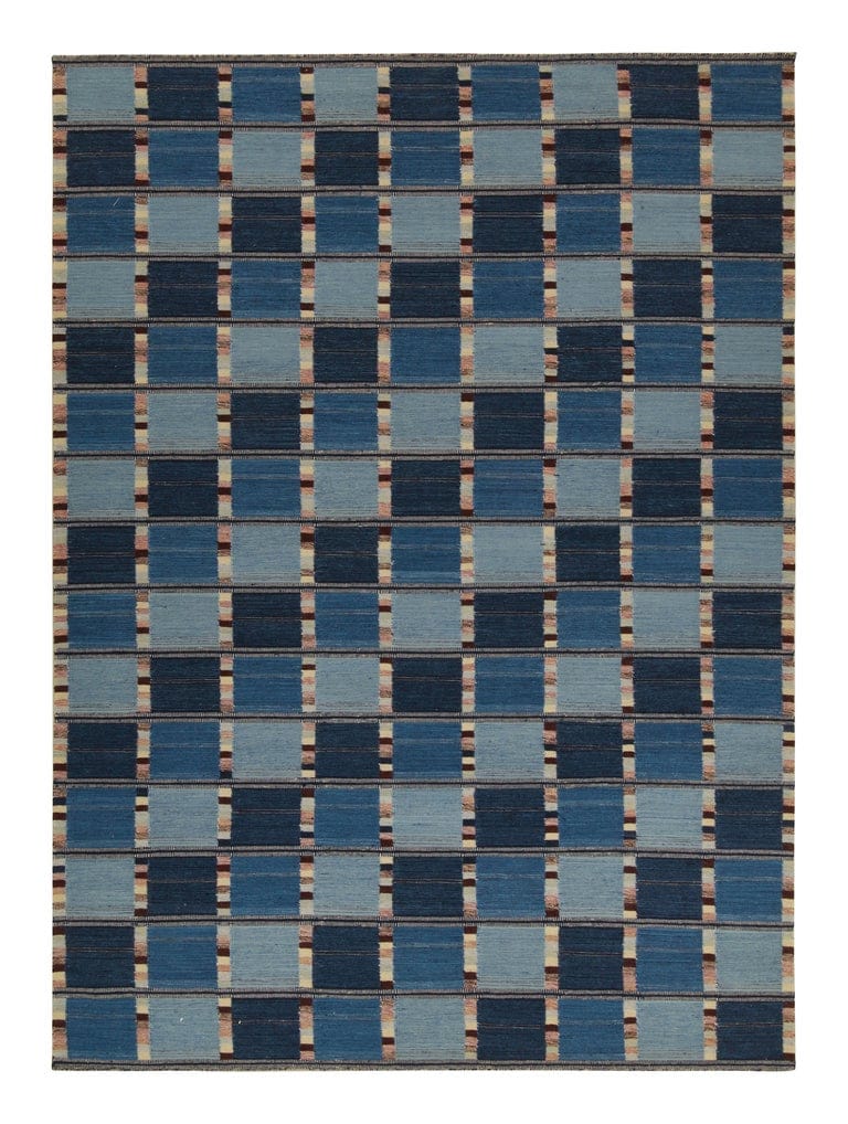 Rug & Kilim’s Scandinavian Style Kilim In Blue And Beige-Brown Geometric Pattern