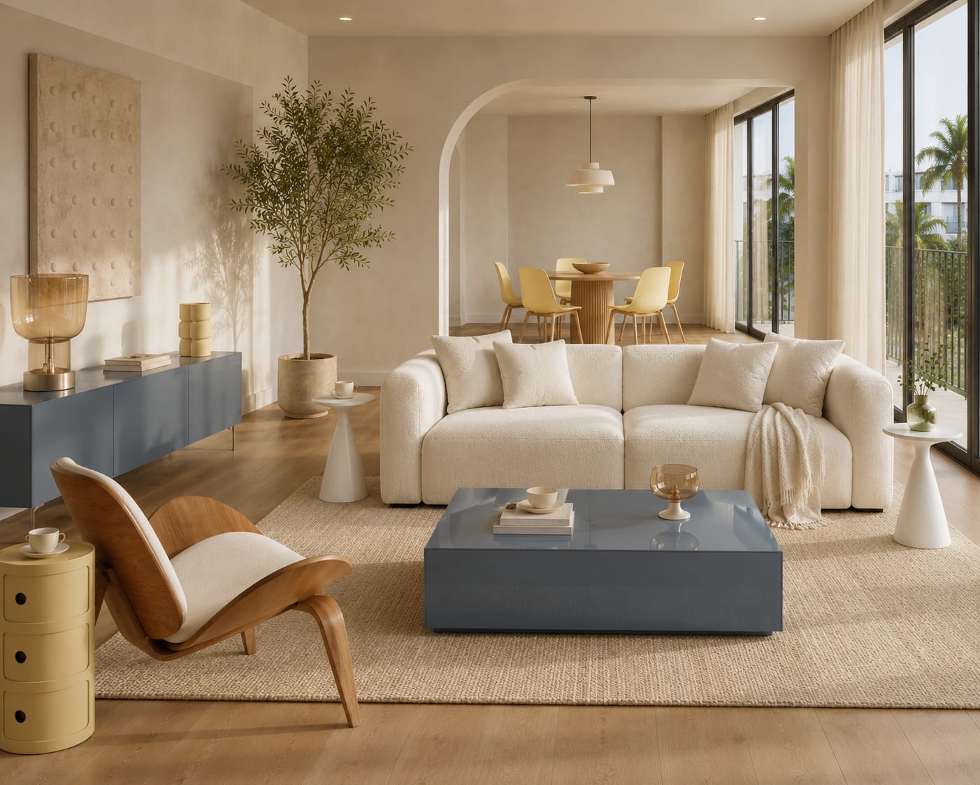 A calm, designed one-bedroom in warm morning light